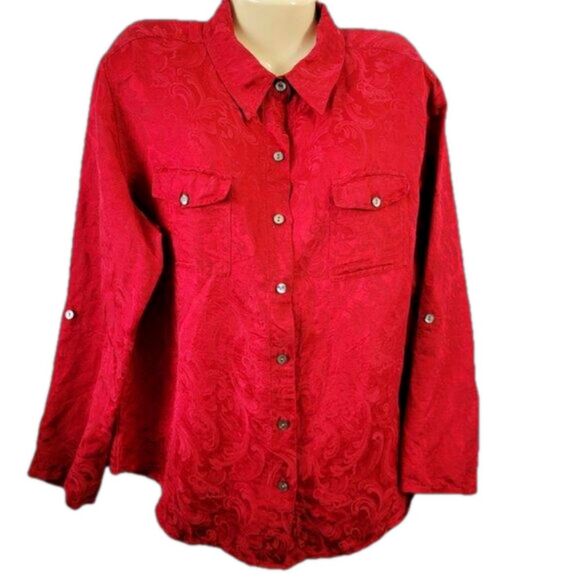Chico's Design Blouse Red Silk Linen Blend XL 16 Jacquard embossed (their sz 2) - Picture 11 of 11